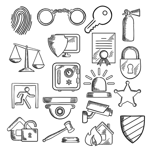 Security sketch icons set with web security shield and padlock, key and safe, video surveillance, fire security, justice scales and handcuffs, fingerprint, extinguisher and sheriff star