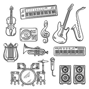 Musical instruments and equipments sketch icons of electric guitar, microphone and saxophone, trumpet, drum set, record player and synthesizers, lyre and violin, loudspeakers and treble clef