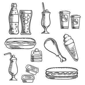 Fast food isolated sketch icons of hot dogs, soda, chicken leg, milkshakes with cherries, cake, ice cream cone, paper cups of coffee, sauce containers. For cafe and takeaway food restaurant design