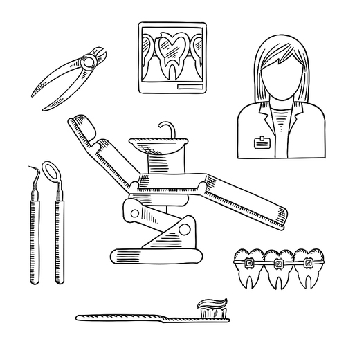 Dentist profession icons and symbols with doctor, equipment, tooth, braces, toothpaste and tooth brush