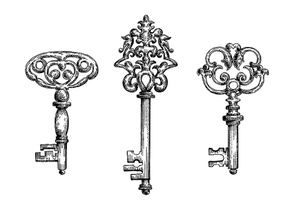 Old vintage key skeletons set. Vector sketch style. Isolated on white 