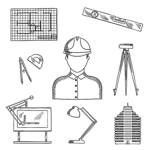 Architect and engineer profession icons with man in helmet, building and drawing table, blueprint and compasses, protractor and lamp, ruler and automatic level on tripod