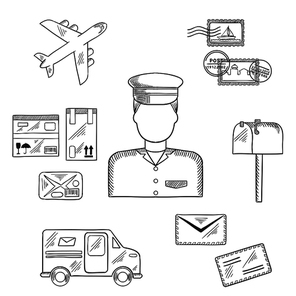 Postal sketch icons around a postman with postage stamps and letterbox, packages and van, airplane and letters. Postman profession concept