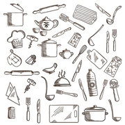 Kitchenware and utensil icons with pots, ladles and knives, forks, cup and tea set, tray and graters, cutting boards, rolling pins and chef hat, spatula and salt, corkscrews and oil, pizza cutter and whisks, oven glove