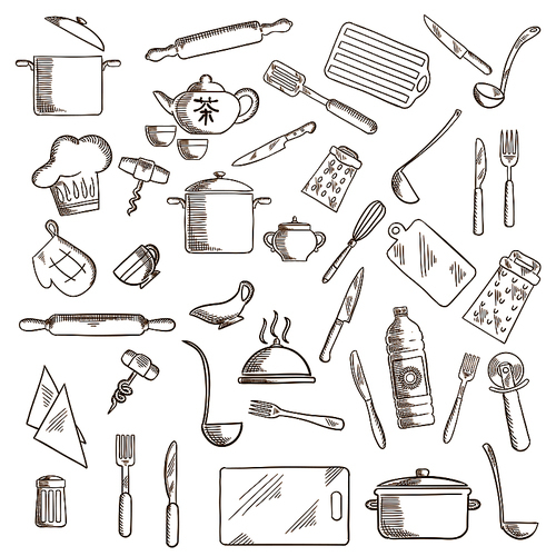 Kitchenware and utensil icons with pots, ladles and knives, forks, cup and tea set, tray and graters, cutting boards, rolling pins and chef hat, spatula and salt, corkscrews and oil, pizza cutter and whisks, oven glove