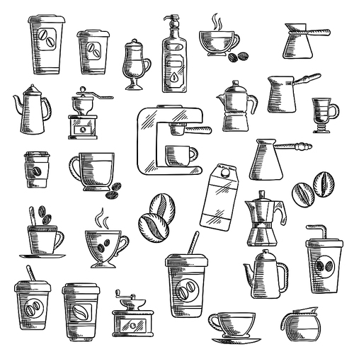 Coffee icons with takeaway cups, beans and coffee pots, coffee grinder, cappuccino and espresso, percolator and coffee machine