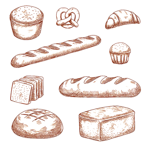 Delicious fresh baked bread, pastry and buns sketches with healthy whole grain bread, baguette, round and long loaves of wheat bread, french croissant, butter cupcake and soft pretzel