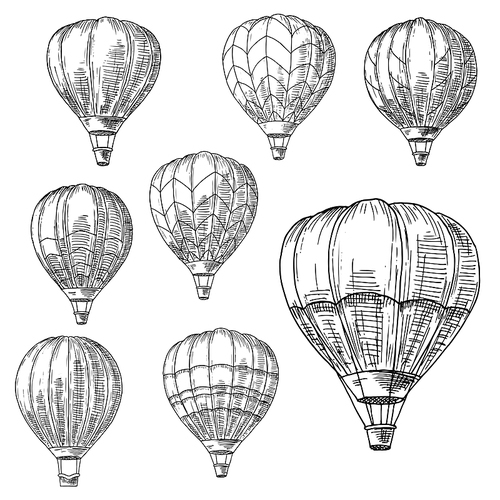 Hot air balloons in flight with decorative inverted teardrop shaped envelopes and wicker baskets. Romantic air travel, adventure or tourism design usage. Retro style sketch vector