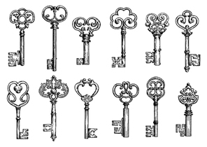 Ornamental vintage skeleton keys sketches, decorated by forged floral motifs and scrollwork. Medieval keys in engraving style for embellishment or decoration design