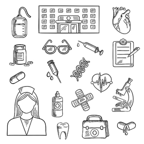 Medical sketched icons of hospital building, doctor and first aid kit, glasses and microscope, medicine bottles and blood bag heart, syringe and DNA, plaster and clipboard, pen and tooth