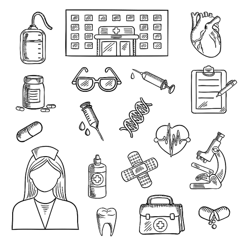 Medical sketched icons of hospital building, doctor and first aid kit, glasses and microscope, medicine bottles and blood bag heart, syringe and DNA, plaster and clipboard, pen and tooth
