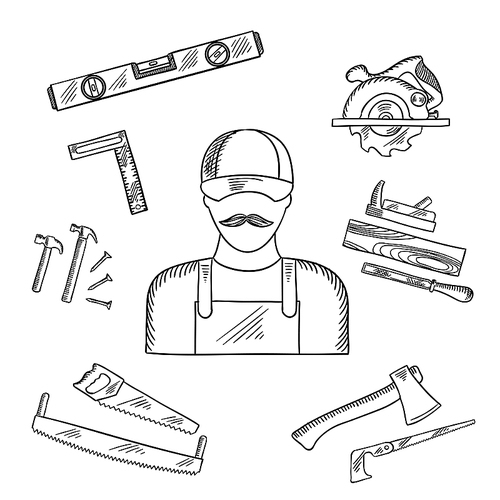 Carpenter and toolbox tools sketches with hammer, file, axe, nails, handsaw, hacksaw, ruler, plane and measuring level