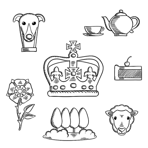 england  objects and symbols sketch icons with heraldic tudor rose and park, royal dog and tea set, pie, sheep and emperor crown