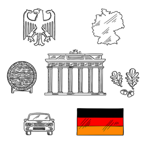 Germany national and travel sketched icons with map and flag, eagle emblem and oak branches, wooden barrel of beer, car and Brandenburg gates