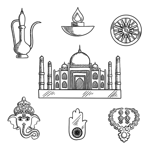 Indian religion and culture symbols with Ganesha God and element ashoka Chakra wheel, hamsa hand amulet and brass teapot, ethnic jewelry, Diwali lamp and Taj Mahal