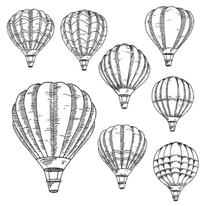 Sketched flying hot air balloons in vintage engraving style with lush envelopes. Air transportation, hobby, romantic weekend, travel design usage
