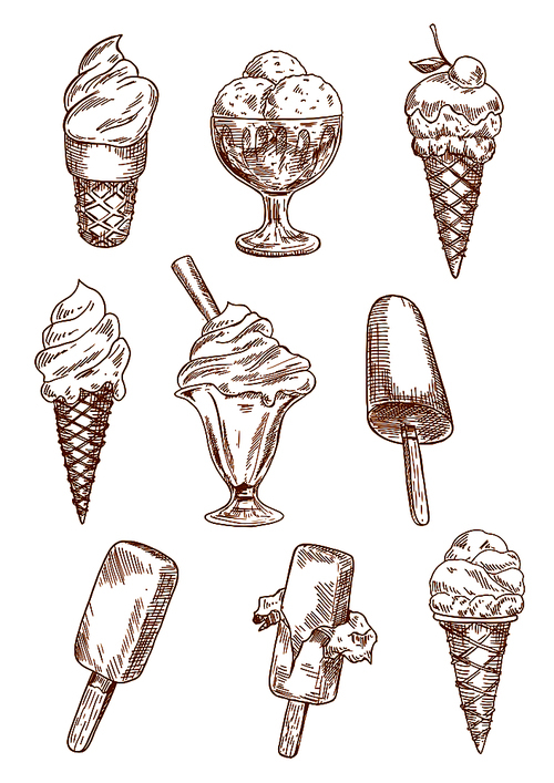 Ice cream sketches with cones, chocolate ice cream on sticks and sundae desserts in bowls, decorated by cherry fruit, nuts and wafer tube. Retro design for dessert menu, recipe book, sweet food
