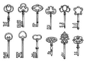 ancient keys vintage engraving sketches with ornamental forged bows, adorned by victorian flourishes, curlicues and twirls. maybe used as , medieval embellishment design or safety themes