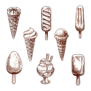 Desserts sketches with ice cream cones, chocolate bars and fruity popsicles on sticks and ice cream sundae with glazing and wafer tubes. Sweet sketches for dessert menu and snack theme design