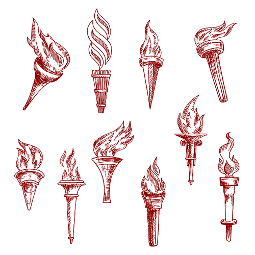 Medieval flaming torches sketches in engraving style with figured handles and powerful flames. Use as heraldic, religion, sport symbol design