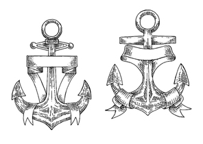 Vintage nautical anchors sketch symbols with decorative admiralty anchors, supplemented by heraldic ribbon banners with copy space. Use as yacht club symbol, marine vacation or sailing sport design