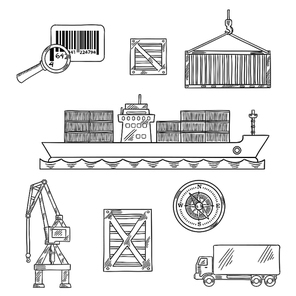 Shipping and marine freight icons with container ship unloading at port, cargo crane and containers, delivery truck, barcode and nautical compass. Logistics and transportation theme design