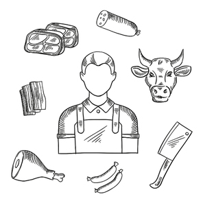 Butcher profession icons for butcher shop and farm market. Man in long waist apron, sausages and bacon, fresh tenderloin and pork leg, cow head and big cleaver knife