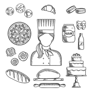 Baker profession icons with bread and cake, pizza and macarons, croissant and cupcakes, cookies and pretzel, cinnamon rolls and dough with rolling pin, milk and flour, eggs and baker in chef uniform