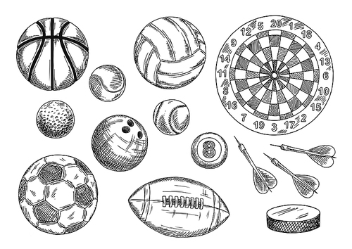 Soccer, american football and basketball, tennis and baseball, volleyball and bowling, billiards and golf games balls with ice hockey puck and darts arrows near target board. Vintage engraving sport items for sport and competition design