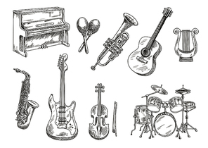 Drum set and piano, saxophone, acoustic and electric guitars, violin and trumpet, ancient greek lyre and wooden maracas engraving sketches