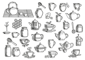 Tea and beverages hand drawn icons set with cups and mugs with fresh tea leaves, sugar cubes and tea bags, oriental tea sets, retro ceramic teapots and modern glass pots with plunger and infuser, jars of natural honey with dippers. Food and drinks theme