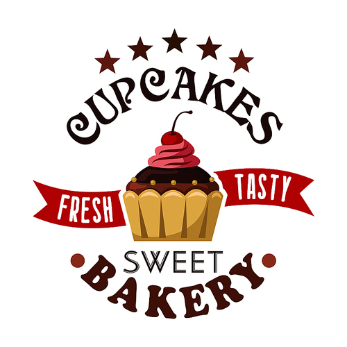 Fresh and tasty frosted chocolate cupcake or muffin topped with cherry and pearl sprinkles round badge with stars and wavy forked ribbon. Cupcake shop symbol for unique packaging design