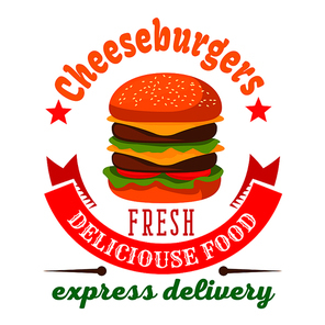 Double cheeseburger with fresh vegetables and grilled beef round icon framed by curved ribbon banner and stars. Fast food delivery service badge or burger shop takeaway packaging design usage
