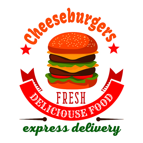 double cheeseburger with fresh s and grilled beef round icon framed by curved ribbon banner and stars. fast food delivery service badge or burger shop takeaway packaging design usage