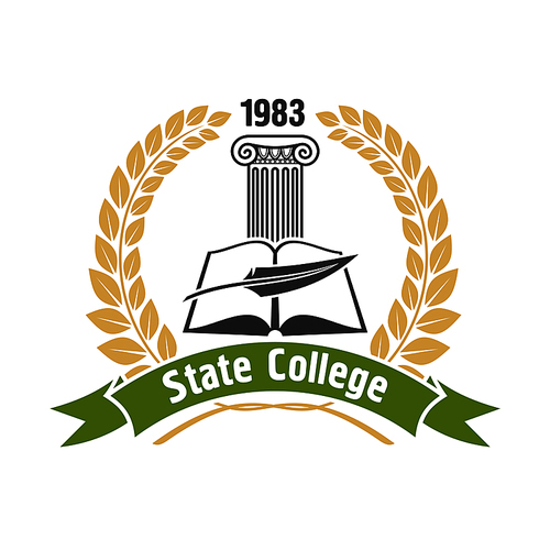 State college heraldic insignia with open book, feather pen and ionic greek column, framed by golden laurel wreath and green ribbon banner. May be use as education badge, emblem or symbol design