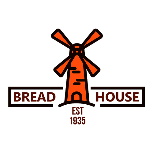Bakery and pastry shop orange badge of vintage windmill with header Bread House and date foundation below. May be use as bakery signboard or food packaging design