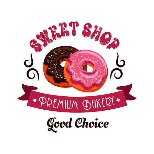 Donut shop retro cartoon badge with chocolate and pink frosted doughnuts, supplemented by vintage ribbon banner, swirling lines and header Sweet Shop