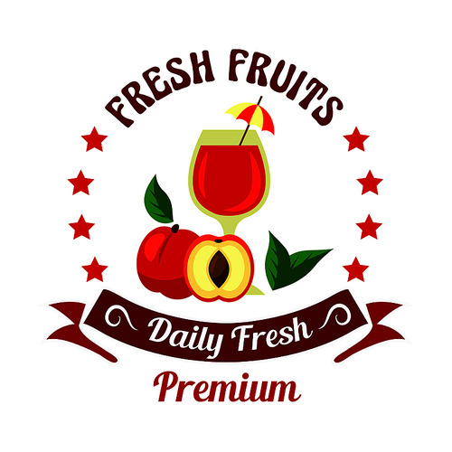 Farm fresh peach fruits icon with glass of juice, decorated by cocktail umbrella and green leaves. Selected premium fruits badge framed by stars and retro ribbon banner for organic shop or farm market design usage