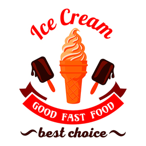 Fast food desserts retro cartoon badge with refreshing vanilla ice cream cone and melting chocolate ice cream on sticks. Use as fast food cafe dessert menu or ice cream takeaway paper cup design