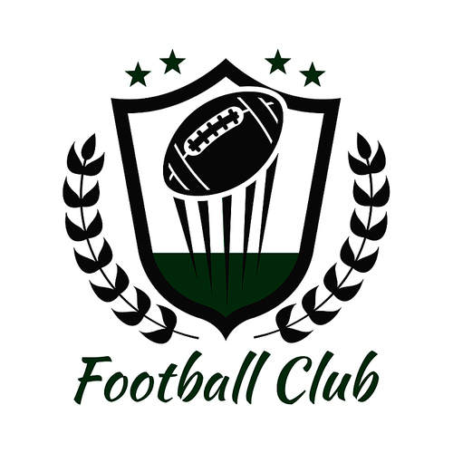 Football sport heraldic symbol of medieval shield with flying ball decorated by laurel wreath and stars. American football sports club or team badge design usage