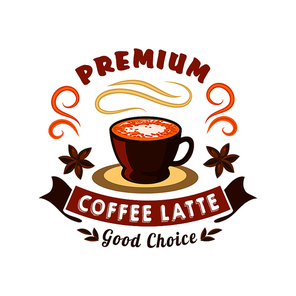 Retro stylized coffee badge for coffee house or cafe menu design usage with brown ceramic cup of latte powdered by cocoa, adorned by star anise fruits and wavy ribbon banner with header Premium