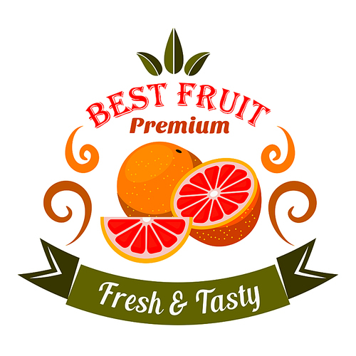 Wholesome ripe grapefruit fruits badge framed by orange swirls and curved ribbon banner with caption Fresh and Tasty. Retro stylized fruits icon for organic shop symbol and food packaging design usage
