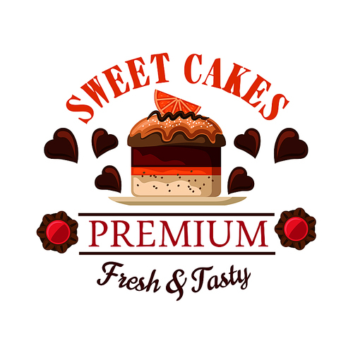 Red velvet mini cake icon for bakery shop interior or cafe menu design with petit fours topped by caramel sauce and orange fruit slice, surrounded by heart shaped chocolate candies and jam filled cookies