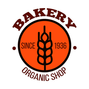 Organic bakery shop icon of orange round badge with ripe wheat ear and date foundation in the center. Use as healthy food packaging or bakery signboard design