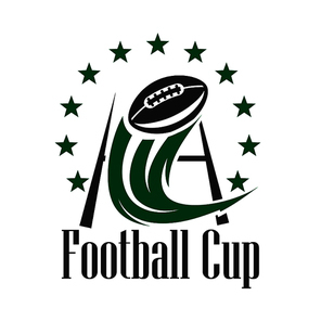 Football championship cup sign in green and black colors with ball flying through the goal post with curved decorative motion trail, framed by stars. American football competition theme design