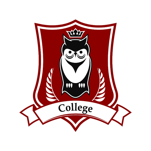 College or academy heraldic sign in red and white colors of figured shield with crowned owl bird, adorned by ribbon banner and laurel branches. Great for education theme design usage