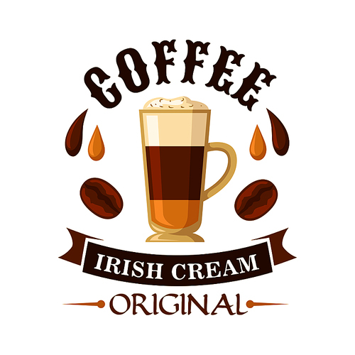 Delicious irish cream coffee cocktail symbol served in glass cup topped with whipped cream, decorated by drops of coffee and irish cream liqueur, coffee beans and curved ribbon. Use as cocktail menu or cafe interior design
