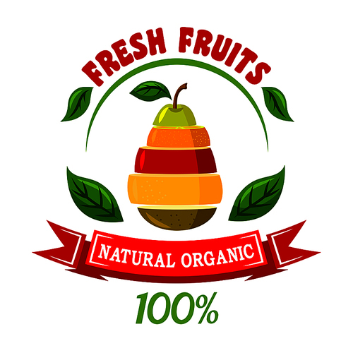 Natural organic fruits retro icon with cartoon symbol of pear made up of orange, apple, grapefruit and kiwi fruits slices encircled by header Fresh Fruits, green leaves and red ribbon banner. Food and drinks packaging design usage