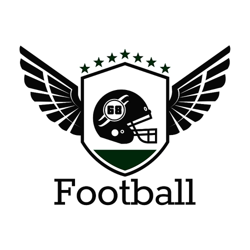 American football retro badge of protective helmet with face mask on winged shield with stars on the top. Use as sporting team symbol or sports club insignia design