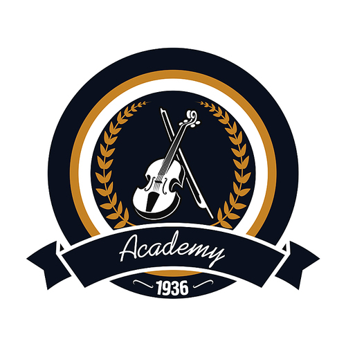 Music academy round insignia with violin and bow, encircled by laurel wreath and ribbon banner with foundation date below. Music education theme or educational institution symbol design usage